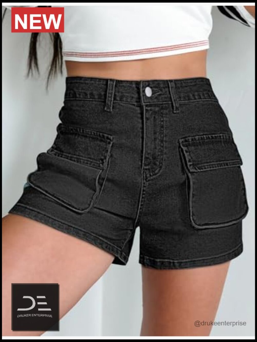 High Waisted Denim Shorts Casual Summer Hot Shorts Vintage Patch Pocket - Picture 2 of 7